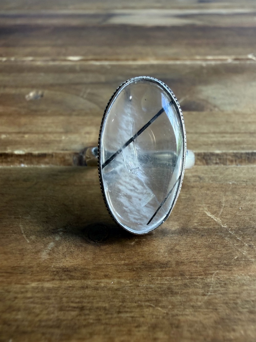Rutilated Quartz Stone Crystal Gemstone Ring Size 9 Silver 925 Plated Vintage